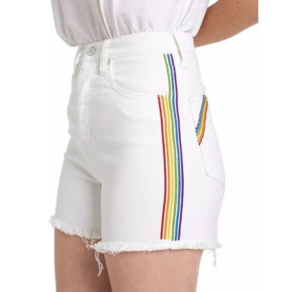 Celebrity Pink Jean Shorts 0 White Juniors' Rainbow Stripe Stretch Raw-Hem NEW - Picture 13 of 13